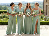 Ruffle Chiffon Bridesmaid Dress Long Square Neck Pleated Formal Gowns with Slit for Women Plus Size Spaghetti Straps Ruffles