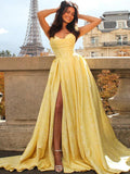 Strapless Jacquard Satin Prom Dresses for Women Corset A Line Long Formal Evening Party Gowns with Slit