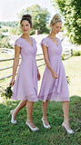 Short Chiffon Bridesmaid Dresses for Women V Neck Flutter Sleeves Ruffle Formal Cocktail Gowns with Pockets
