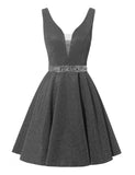 Satin Glitter Homecoming Dresses for Teens Short Prom Dress V-Neck Beaded Evening Formal Cocktail Party Gowns