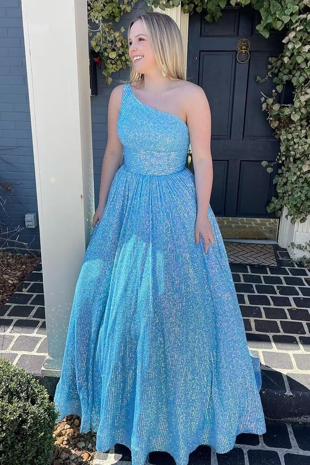 One Shoulder Sequin Prom Dresses for Women 2027 Sparkly Long A-Line Formal Evening Party Ball Gowns with Pockets