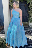 One Shoulder Sequin Prom Dresses for Women 2027 Sparkly Long A-Line Formal Evening Party Ball Gowns with Pockets