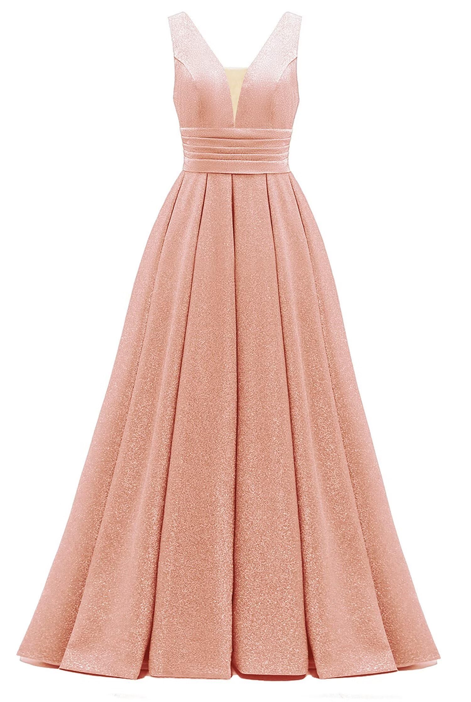 Glitter Satin Prom Dresses for Women Long V Neck A-Line Pleated Formal Evening Party Gowns with Pockets