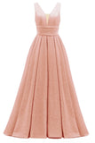 Glitter Satin Prom Dresses for Women Long V Neck A-Line Pleated Formal Evening Party Gowns with Pockets