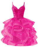 Glitter Tulle Homecoming Dresses 2026 Tiered Ruffles Lace Short Prom Dress for Teens Quinceanera Gowns