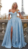 Jacquard Satin Prom Dresses Off the Shoulder Corset A Line Long Formal Gown Sweetheart Neck Party Dress with Slit