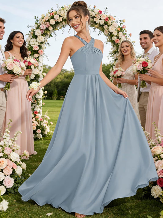 Halter Bridesmaid Dresses for Wedding Chiffon A Line Pleated Long Formal Prom Dress with Belt