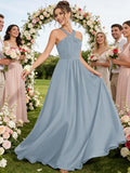Halter Bridesmaid Dresses for Wedding Chiffon A Line Pleated Long Formal Prom Dress with Belt
