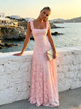 Ruched Jacquard Prom Dresses for Women Teens Ruffle Strap Floral Maxi Formal Dress Evening Gown
