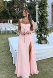Ruffle Chiffon Bridesmaid Dress Long Square Neck Pleated Formal Gowns with Slit for Women Plus Size Spaghetti Straps Ruffles