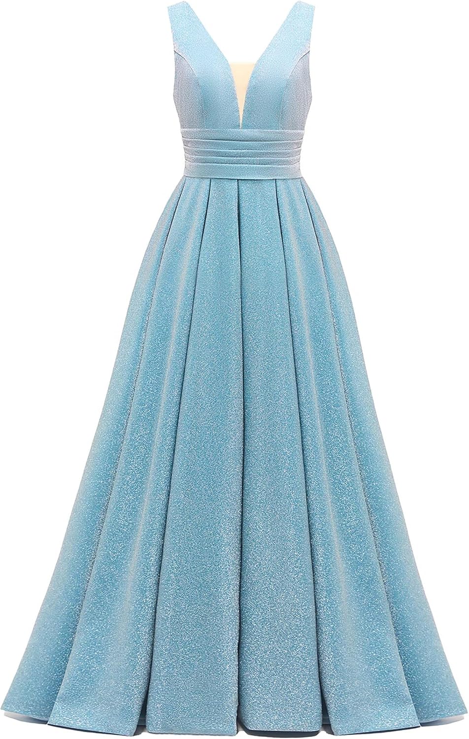 Glitter Satin Prom Dresses for Women Long V Neck A-Line Pleated Formal Evening Party Gowns with Pockets