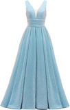 Glitter Satin Prom Dresses for Women Long V Neck A-Line Pleated Formal Evening Party Gowns with Pockets