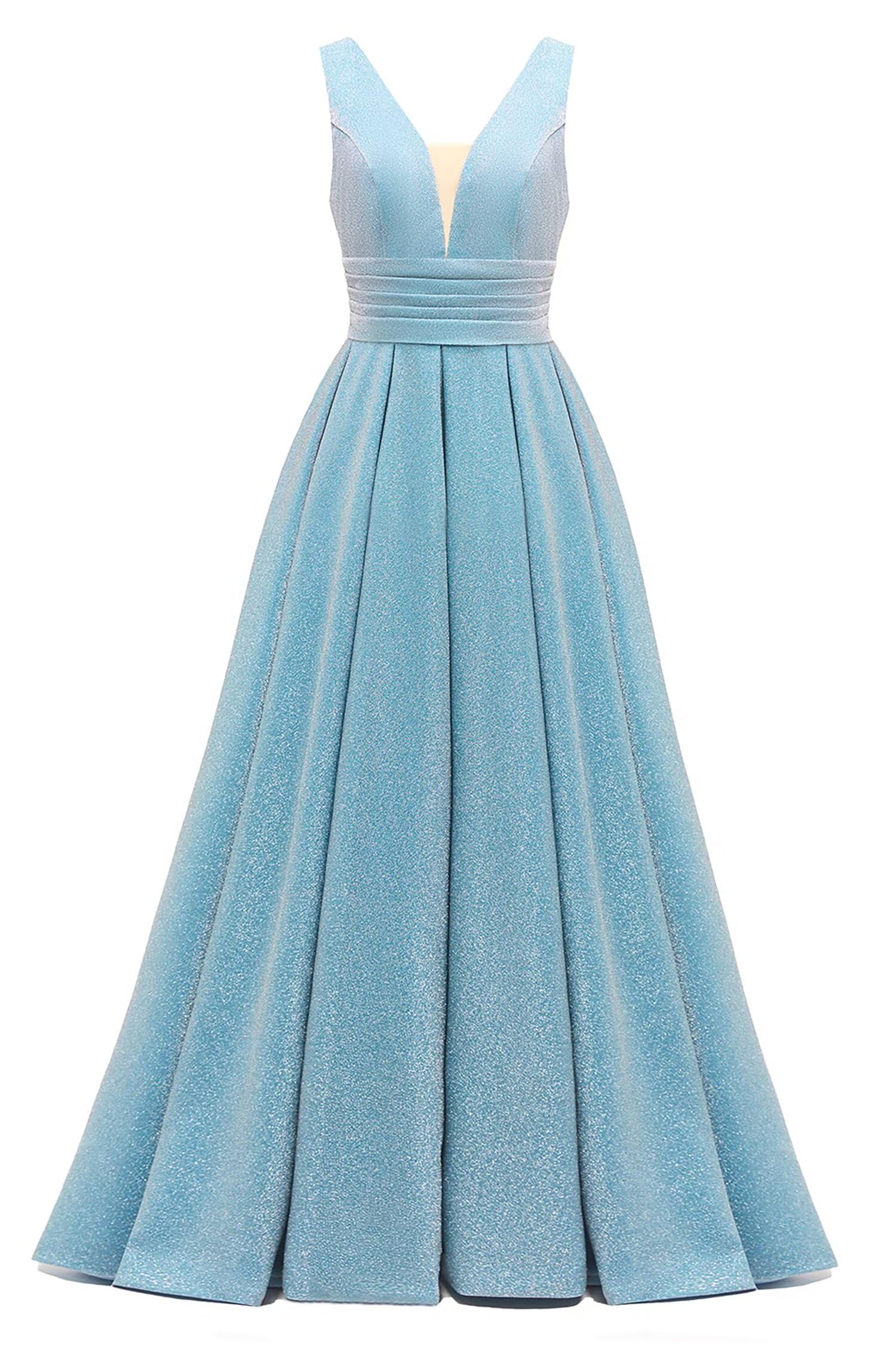 Glitter Satin Prom Dresses for Women Long V Neck A-Line Pleated Formal Evening Party Gowns with Pockets