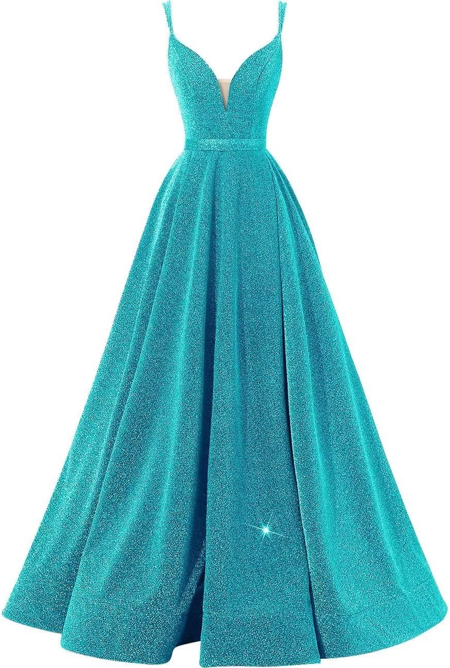 Women's Glittery Spaghetti V-Neck Prom Dresses Long Side Split Formal Evening Gowns