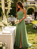 Square Neck Bridesmaid Dress Spaghetti Straps Chiffon Long Formal Dress for Women