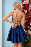 Homecoming Dress Satin Mini for Teens Backless with Pockets Spaghetti Strap Party Cocktail Dress