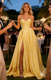 Strapless Prom Dress Jacquard Satin Ball Gown Pleated A Line Long Corset Formal Evening Dresses with Slit Pockets