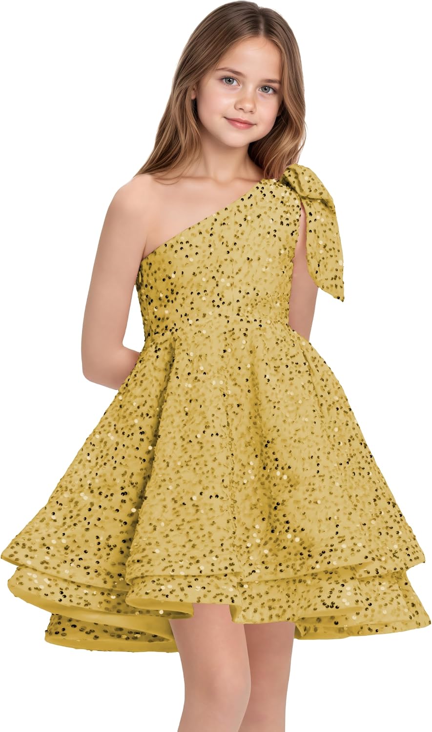 Sequins Flower Girl Dresses Short - One Shoulder Princess Pageant Dress Kids A Line Communion Formal Party Gown