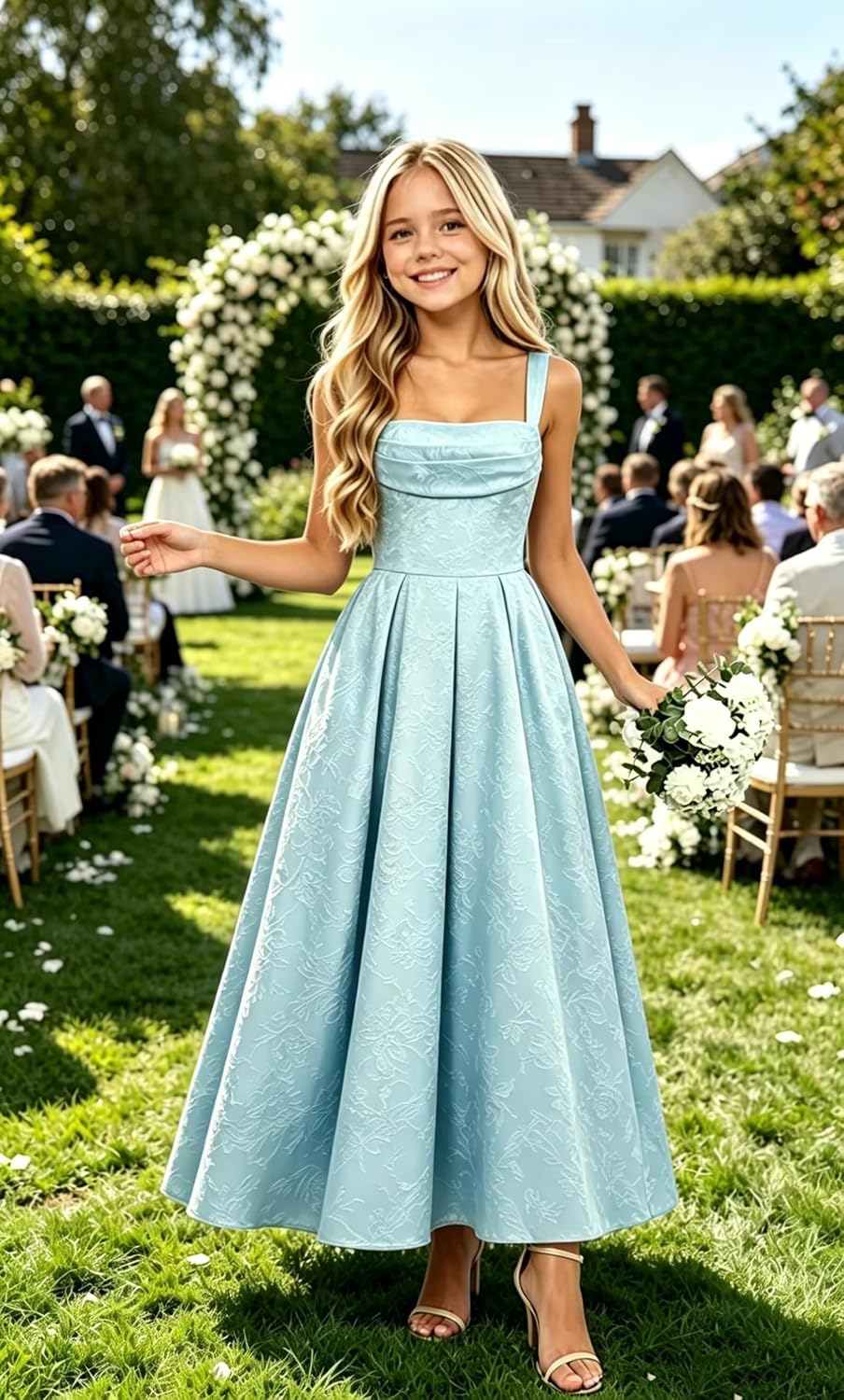 Girls Floral Satin Jacquard Junior Bridesmaid Dresses Long Ruched Flower Girl Dress for Wedding