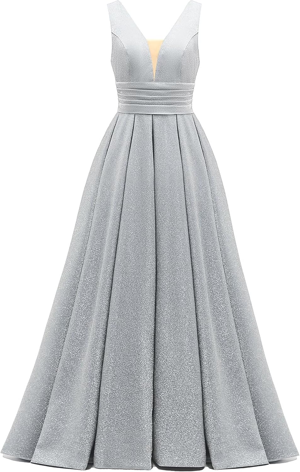 Glitter Satin Prom Dresses for Women Long V Neck A-Line Pleated Formal Evening Party Gowns with Pockets