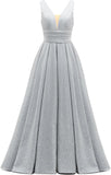 Glitter Satin Prom Dresses for Women Long V Neck A-Line Pleated Formal Evening Party Gowns with Pockets