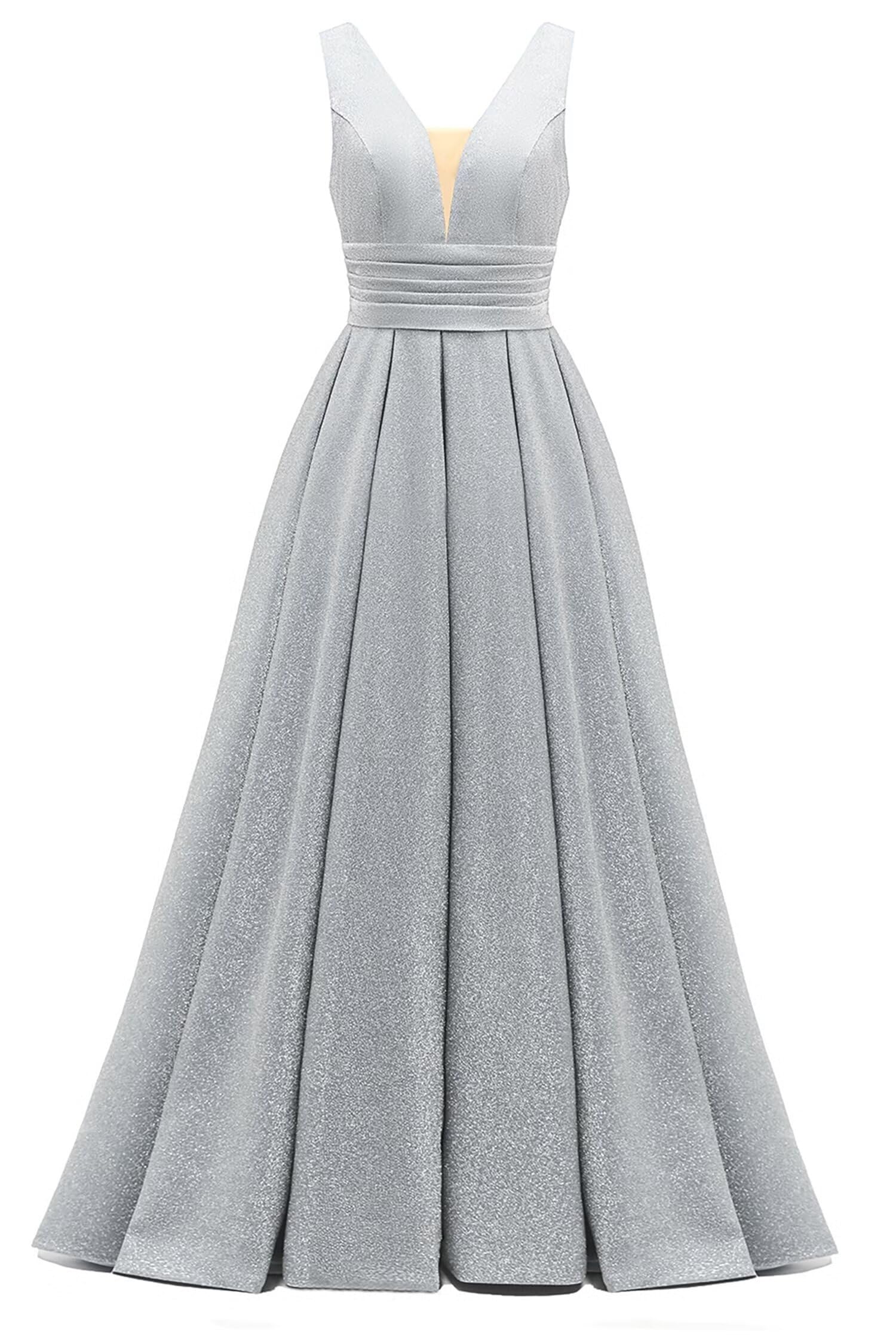 Glitter Satin Prom Dresses for Women Long V Neck A-Line Pleated Formal Evening Party Gowns with Pockets