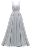 Glitter Satin Prom Dresses for Women Long V Neck A-Line Pleated Formal Evening Party Gowns with Pockets