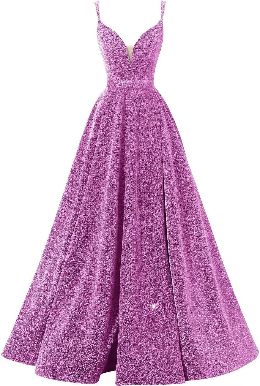 Women's Glittery Spaghetti V-Neck Prom Dresses Long Side Split Formal Evening Gowns