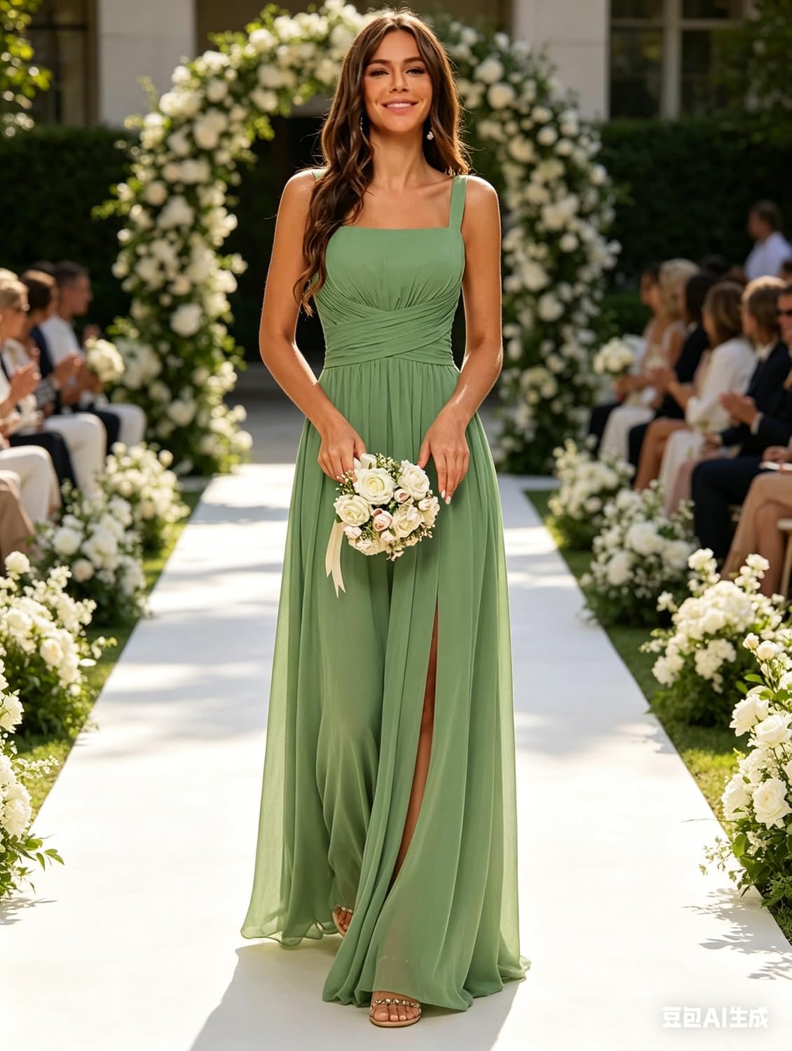 Square Neck Bridesmaid Dress Spaghetti Straps Chiffon Long Formal Dress for Women