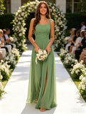 Square Neck Bridesmaid Dress Spaghetti Straps Chiffon Long Formal Dress for Women