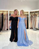 Women's Glittery Prom Dresses Long Ball Gown Off Shoulder High Slit Formal Evening Gowns with Pockets