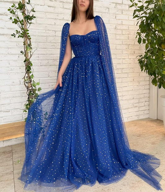 Sparkle Starry Tulle Prom Dresses with Cape Long Ball Gowns Sweetheart A-line Formal Evening Gowns with Pockets