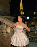 Satin Flower Bud Homecoming Dress Short Prom Dress Cowl Neck Pleated A Line Mini Cocktail Party Gown