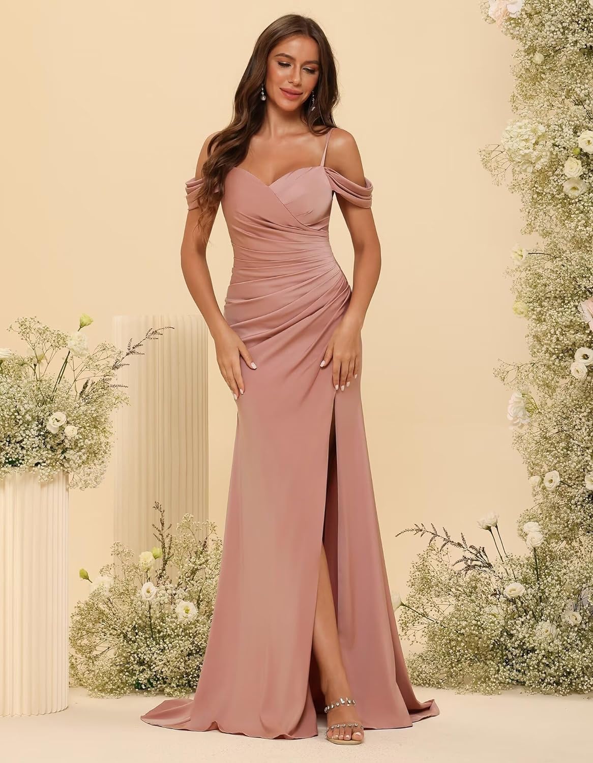 Vestidos de dama de honor de satén con hombros descubiertos para mujer, vestidos formales largos de sirena fruncidos con abertura 