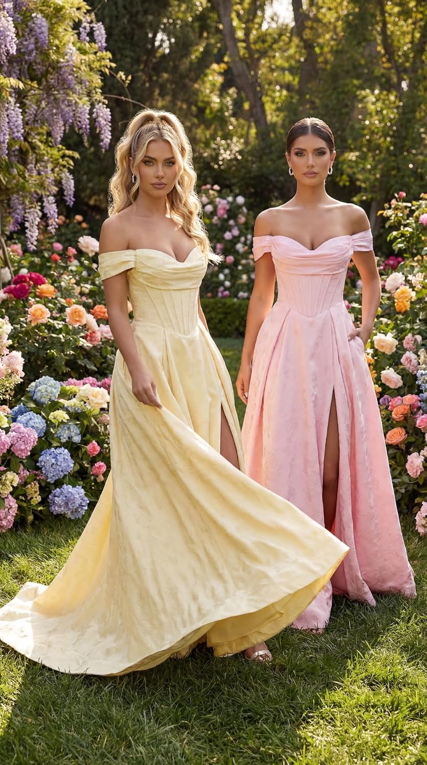 Jacquard Satin Prom Dresses Off the Shoulder Corset A Line Long Formal Gowns