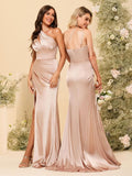 Women's One Shoulder Prom Dress 2025 Satin Long Ruched Mermaid Formal Dresses with Slit
