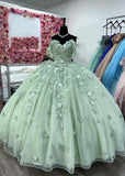 Ball Gown Tulle Off The Shoulder Sage Green Quinceanera Dress