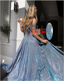 Women's Glittery Prom Dresses Long Ball Gown Off Shoulder High Slit Formal Evening Gowns with Pockets