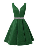 Satin Glitter Homecoming Dresses for Teens Short Prom Dress V-Neck Beaded Evening Formal Cocktail Party Gowns