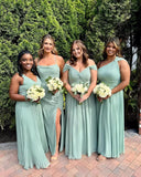 One Shoulder Bridesmaid Dresses for Women Chiffon A Line Pleated Long Formal Gowns with Pockets