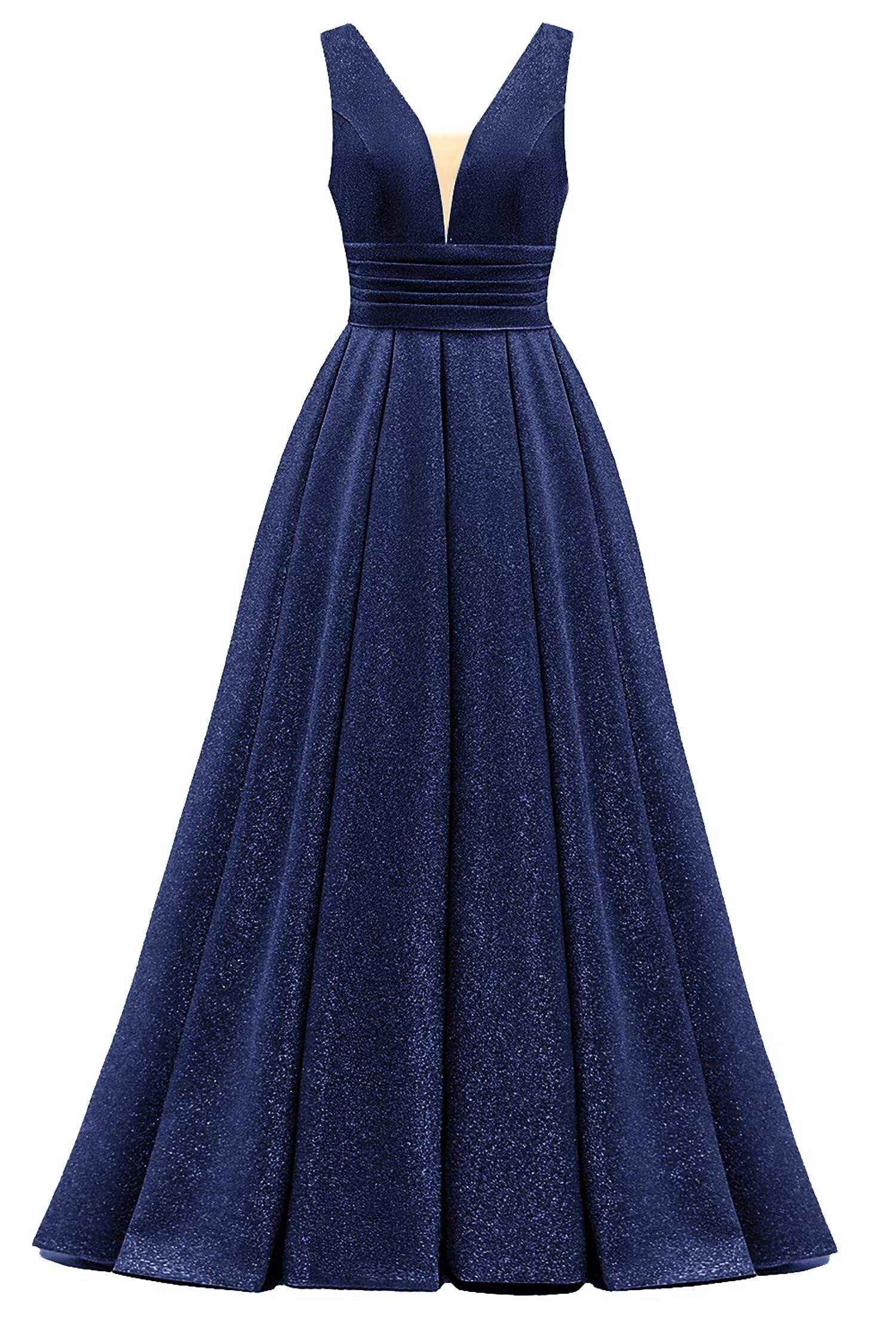 Glitter Satin Prom Dresses for Women Long V Neck A-Line Pleated Formal Evening Party Gowns with Pockets