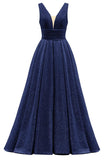 Glitter Satin Prom Dresses for Women Long V Neck A-Line Pleated Formal Evening Party Gowns with Pockets