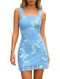 Women's Embroidered Floral Mini Dress Summer 2026 Sleeveless Square Neck Mesh Short Dresses Cocktail Party Going Out