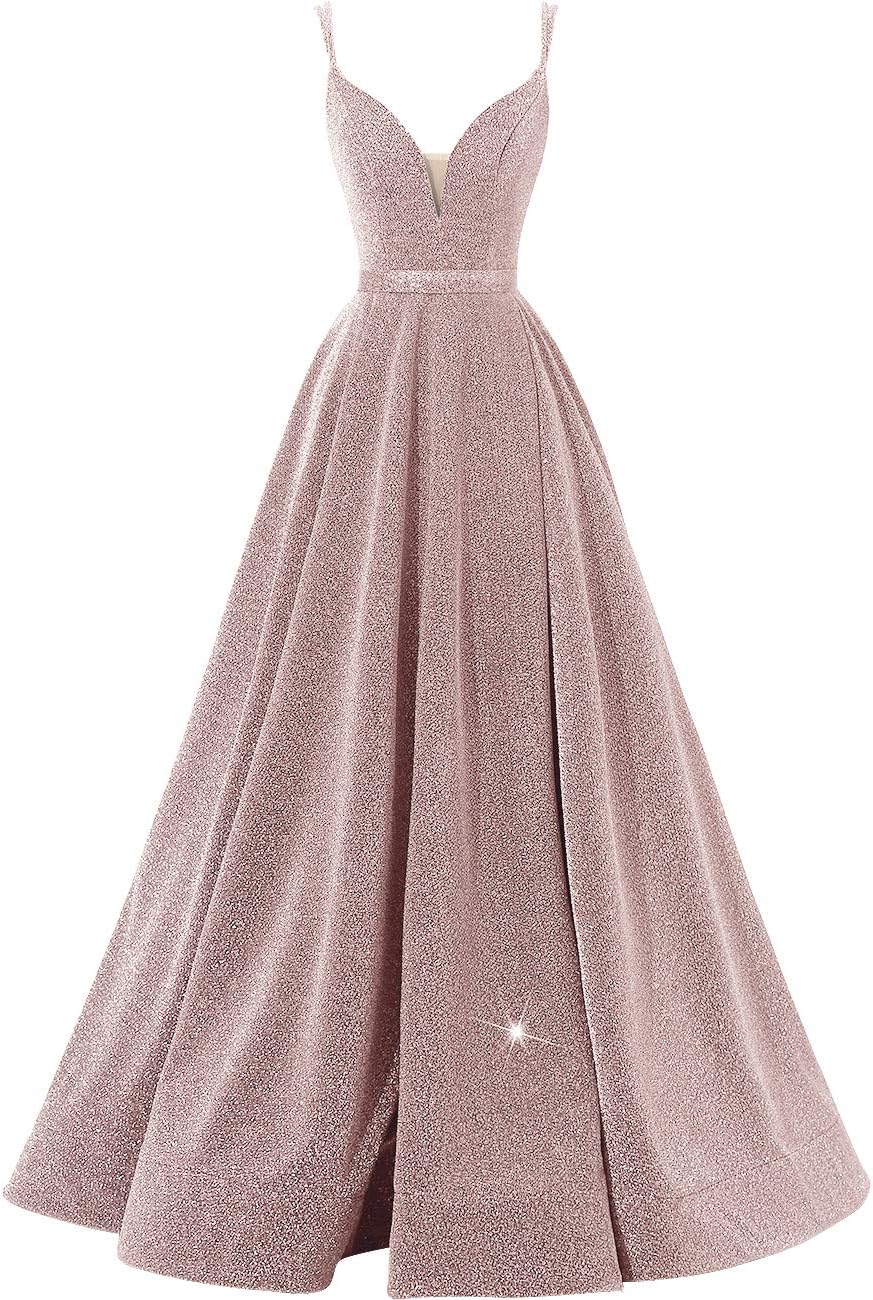 Women's Glittery Spaghetti V-Neck Prom Dresses Long Side Split Formal Evening Gowns
