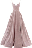 Women's Glittery Spaghetti V-Neck Prom Dresses Long Side Split Formal Evening Gowns