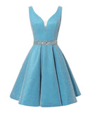 Satin Glitter Homecoming Dresses for Teens Short Prom Dress V-Neck Beaded Evening Formal Cocktail Party Gowns