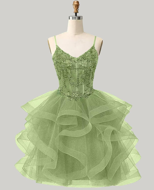 Glitter Tulle Homecoming Dresses 2026 Tiered Ruffles Lace Short Prom Dress for Teens Quinceanera Gowns
