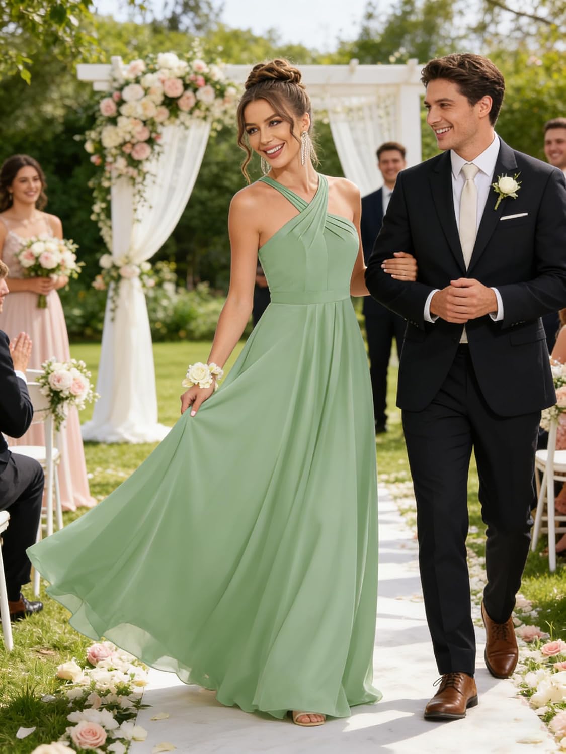 Halter Bridesmaid Dresses for Wedding Chiffon A Line Pleated Long Formal Prom Dress with Belt