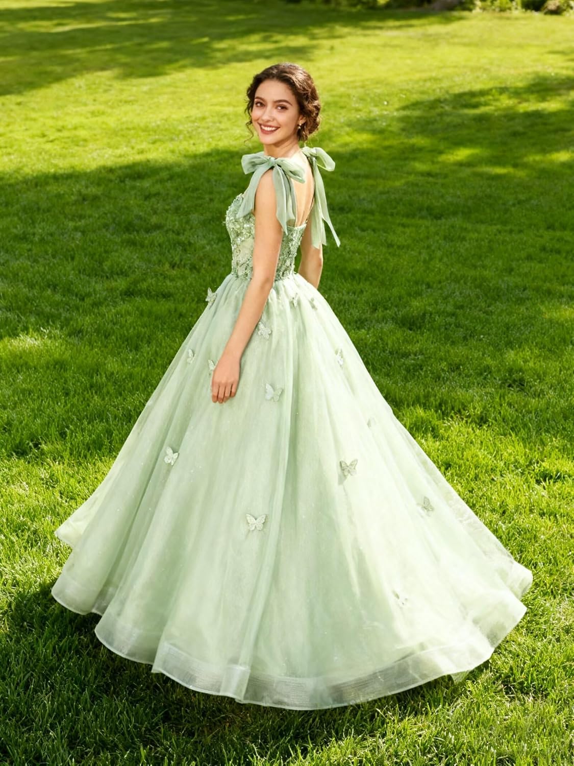 Glitter Tulle Prom Dress for Teens 3D Butterfly Long Ball Gowns Sequin Princess Quinceanera Dresses with Bow