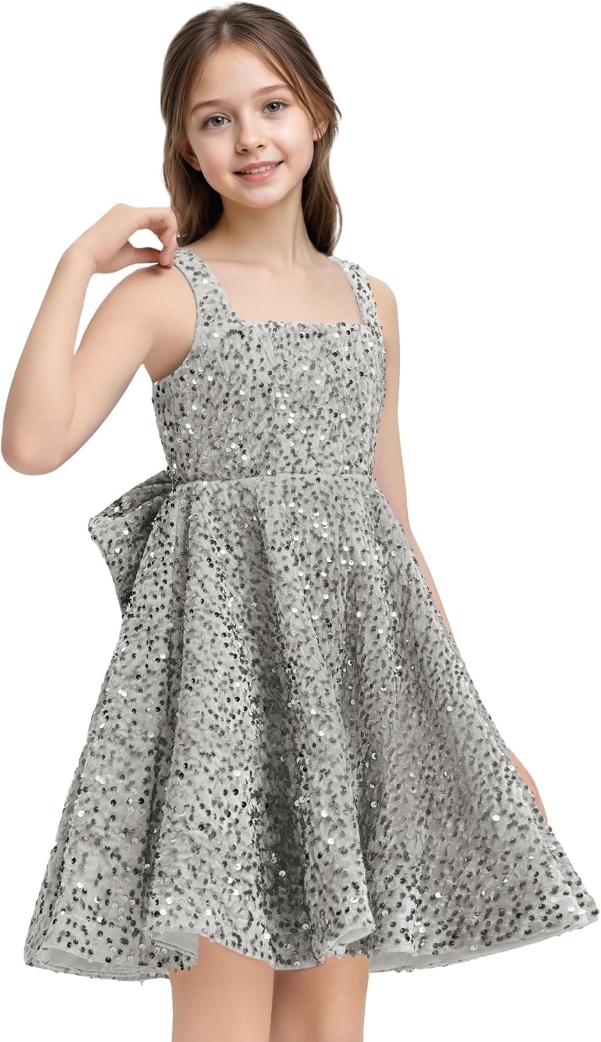 Sequins Flower Girl Dresses Short - Square Neck Princess Pageant Dress Kids A Line Communion Formal Party Gown